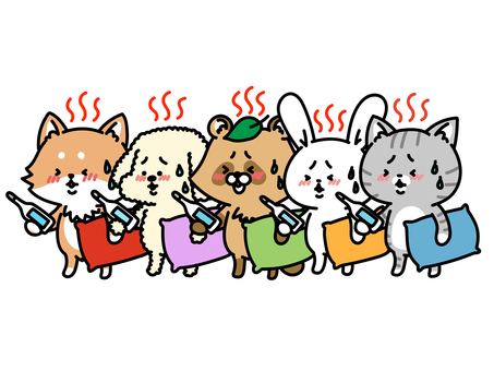 熱が出た　柴犬狸兎猫 発熱,熱,風邪,体温計,枕,ぐったり,休養,動物,ペット,イラストのイラスト素材