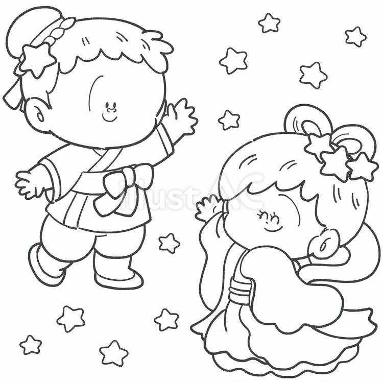 七夕の織姫と彦星の白黒イラスト 七夕,子ども,かわいいのイラスト素材