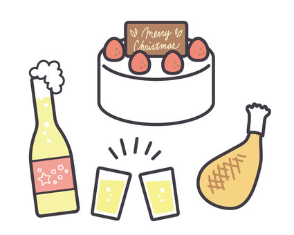 クリスマスケーキとチキンと飲み物 クリスマスケーキ,チキン,クリスマス,ローストチキン,ケーキ,ホールケーキ,苺,チョコレート,プレート,ジュースのイラスト素材