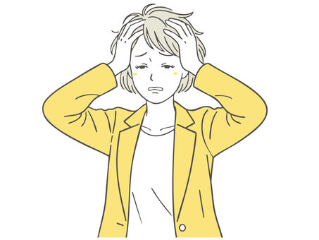 頭を抱えて悩む女性1 考える,悩む,困る,女性,不安,考え事,心配,思考,トラブル,スーツのイラスト素材