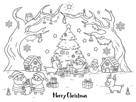 クリスマス ぬり絵,手書き,線画,白黒,塗り絵,ぬりえ,クリスマス,大人向け,サンタクロース,トナカイのイラスト素材