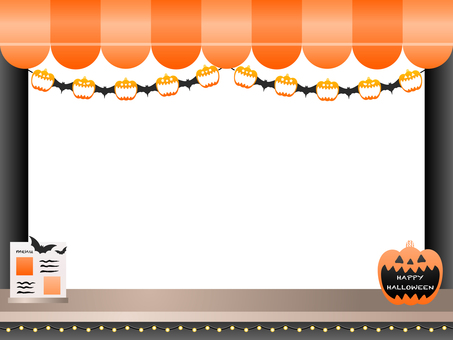 ハロウィンかぼちゃ装飾カフェ店フレーム1 ハロウィン,かぼちゃ,ジャックオーランタン,カフェ,ショップ,キッチンカー,マルシェ,店,お店,受付のイラスト素材