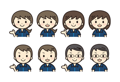 紺色のポロシャツ姿の男女コンビニ店員 店員,ポロシャツ,男女,笑顔,女性,男性,案内,人物,かわいい,若いのイラスト素材