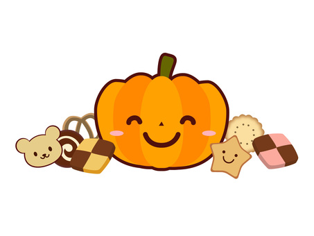 ハロウィンのかぼちゃとお菓子 ハロウィン,かぼちゃ,クッキー,お菓子,かわいい,笑顔,挿絵,カットイラスト,ワンポイント,シンプルのイラスト素材