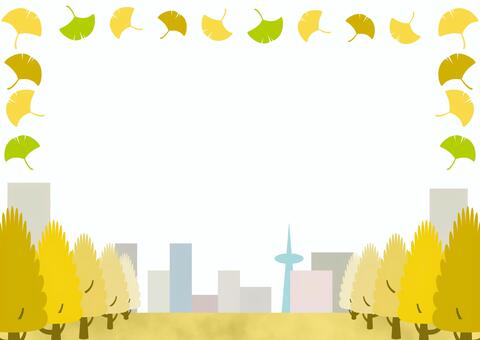 秋色のイチョウ並木と都市の背景素材 秋,イチョウ,黄葉,黄色,並木,街並み,街路樹,背景,素材,フレームのイラスト素材