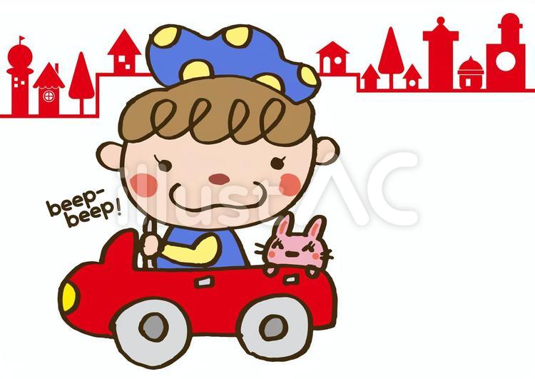 child_足こぎ自動車と男の子2 うさぎ,おもちゃの車,赤い車のイラスト素材