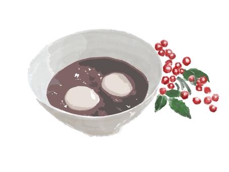 お汁粉　ぜんざい　餅　南天　正月　 お汁粉,ぜんざい,器,餅,おしるこ,正月,白玉,焼き餅,あずき,小豆のイラスト素材