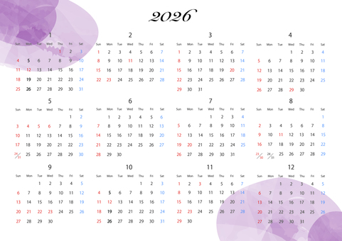 ピンクベージュ水彩2026年間カレンダー 年間,カレンダー,水彩,おしゃれ,かわいい,2026年,ピンク,ベージュ,淡いのイラスト素材