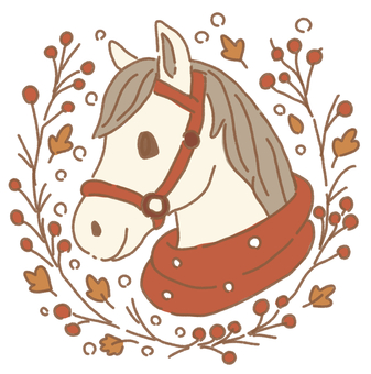 ナンテンと冬の馬 南天,馬,植物,木の実,枝,木,葉っぱ,枯葉,紅葉,雪のイラスト素材