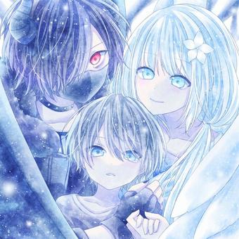 男の子・女の子 人物,男の子,女の子,天使,悪魔,キャラクター,水彩,青,水色,一枚絵のイラスト素材
