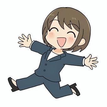 喜んで飛び跳ねる女性３（スーツ） 喜ぶ,飛ぶ,ジャンプ,跳ねる,女性,わーい,笑顔,全身,デフォルメ,低頭身のイラスト素材