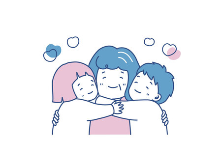 祖母にハグをする孫たちのイラスト素材 敬老の日,祖母,孫,笑顔,ハグ,幸福,笑う,医療,福祉,介護のイラスト素材