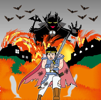 立ち向かう勇者 勇者,主人公,立ち向かう,激戦,ピンチ,ファンタジー,ゲーム,剣,鎧,男のイラスト素材
