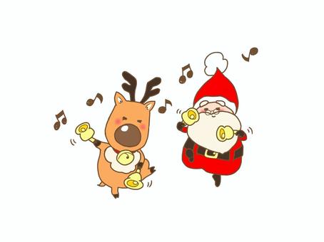 ハンドベルを持って踊るサンタとトナカイ サンタクロース,トナカイ,クリスマス,ハンドベル,踊る,ベル演奏のイラスト素材