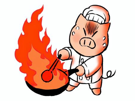 ブタの中華屋さん ブタ,炎,火,汗,コック,中華,料理,フライパン,熱い,動物のイラスト素材