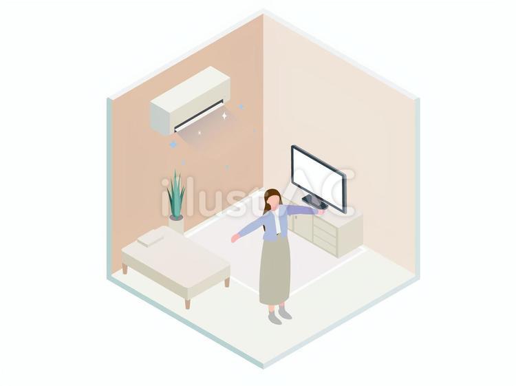 冷房のきいた部屋で涼む女性のアイソメ アイソメ,おしゃれ,エアコンのイラスト素材