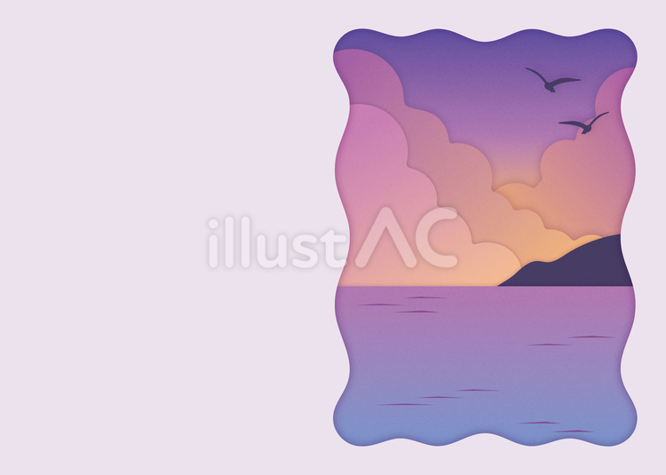 3Dペーパーアート風夕暮れ空と海の背景 海,空,夕暮れのイラスト素材
