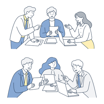 会議で話し合うビジネス男女セット 人物,男性,女性,ビジネス,会議,打ち合わせ,話し合い,資料,社会人,働くのイラスト素材