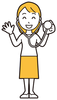  ロングヘア女性(黄)-349-全身 診察,女性,女の子,人物,かわいい,聴診器,病院,笑顔,にっこり,受診のイラスト素材