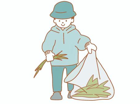 草むしりをする子供 草むしり,除草,作業,清掃,ゴミ袋,軍手,子供,男の子,草,帽子のイラスト素材