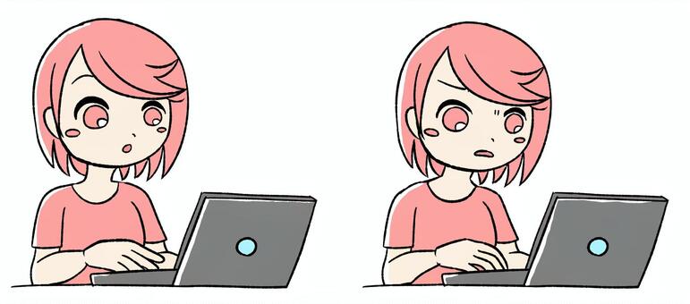 桃色の女の子がパソコン見ているセット ピンク,かわいい,手描き,しかめっ面,セット,女の子,女性,若い女性,ピンク髪,ゆるいイラストのイラスト素材