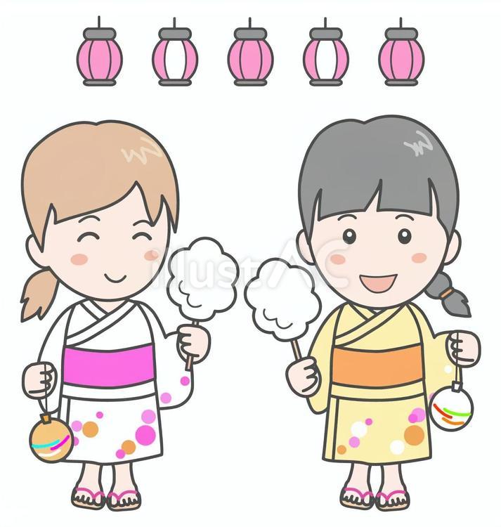 祭り＿浴衣の女の子＿綿菓子とヨーヨー ゆかた,わた飴,綿菓子のイラスト素材