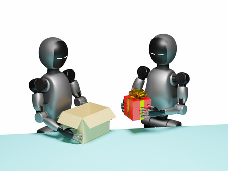 人型ロボット同士が協力して梱包作業する ロボット,ai,ロボットアーム,アイコン,梱包,自動,産業用ロボット,工場,人型,ヒューマノイドのイラスト素材