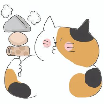 おでんを食べる三毛猫ちゃん♪ かわいい,おでん,食べ物,温かい,熱い,ほかほか,食べる,ねこ,三毛猫,動物のイラスト素材