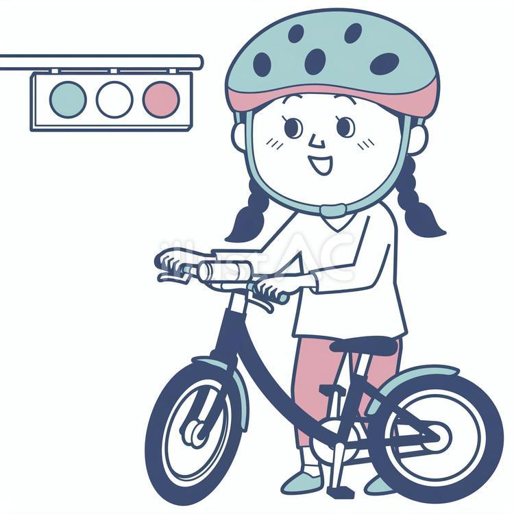 自転車で信号待ちをする女の子_淡色版 淡色版,女の子,女子のイラスト素材