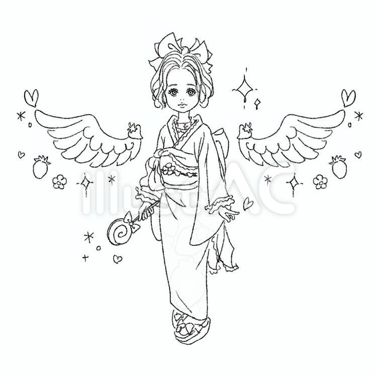 苺姫2(塗り絵・線画) 苺姫2(塗り絵・線画) 塗り絵,振袖,成人式のイラスト素材