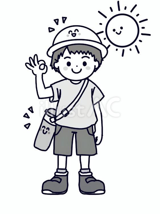 熱中症対策した男の子のイラスト　白黒 男の子,水筒,帽子のイラスト素材