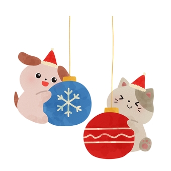 クリスマスオーナメントと犬猫 クリスマス,オーナメント,犬,猫,サンタ,帽子,動物,絵本,可愛い,ゆるいのイラスト素材