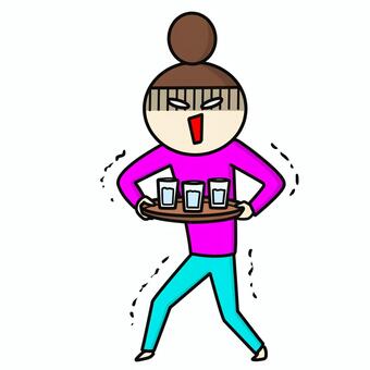 コップを運ぶおだんごの女性 女性,コップ,トレー,お冷,運ぶ,水,飲み物,白目,グラス,配膳のイラスト素材