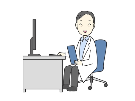 患者の方に笑顔を向ける医師 医師,医者,診察,迎える,全身,診察室,白衣,デスク,キャスター,笑顔のイラスト素材