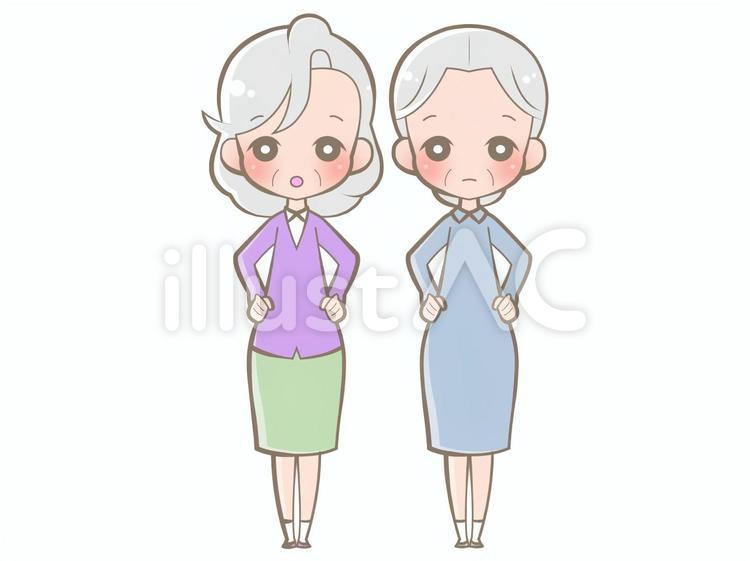 全身-高齢者-腰に手-無表情210410 おばあさん,無表情,全身のイラスト素材