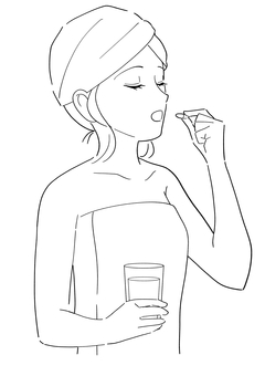 サプリを飲む女性の白黒イラスト
