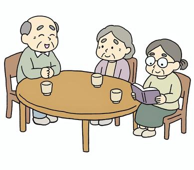 団欒中の３人のお年寄り 高齢者,お年寄り,おじいちゃん,おばあちゃん,テーブル,椅子,会話,団欒,デイサービス,リビングのイラスト素材