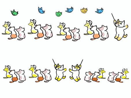 歌う可愛い猫のフレームセット 猫,歌,楽しい,面白い,明るい,可愛い,仲良し,笑顔,指揮,小鳥のイラスト素材