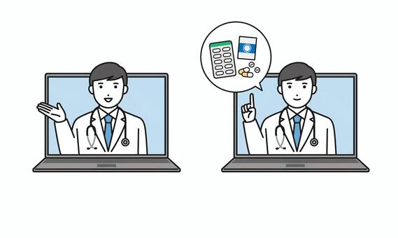 オンライン診療をする医師 オンライン診療,診察,カウンセリング,薬,処方,医師,白衣,パソコン,医療,リモートのイラスト素材