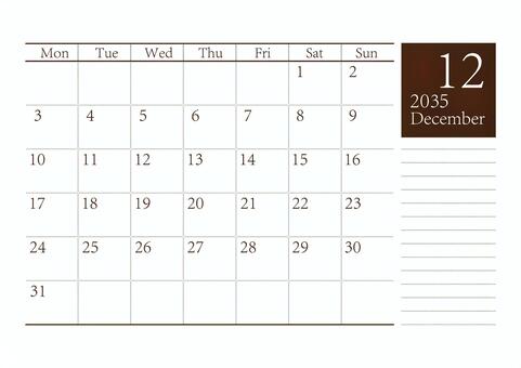 月曜始まりカレンダー2035年12月A4 月曜始まり,12月,１２月,カレンダー,2035年カレンダー,2035,令和17年,シンプル,テンプレート,すっきりのイラスト素材