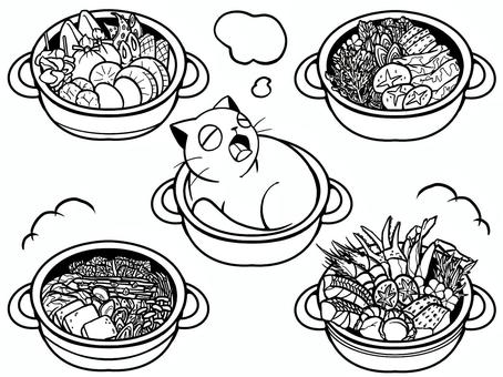 鍋物【モノクロ】 鍋,おでん,すき焼き,キムチ鍋,海鮮鍋,ねこ鍋,冬,季節,白黒,モノクロのイラスト素材