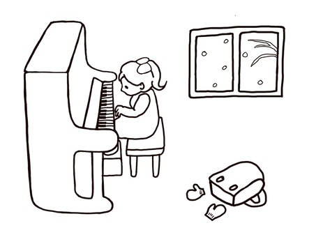 冬の音楽シリーズ　冬の音楽室でピアノ練習 冬,ピアノ,女の子,音楽,楽器,習い事,練習,発表会,子ども,ピアノ教室のイラスト素材