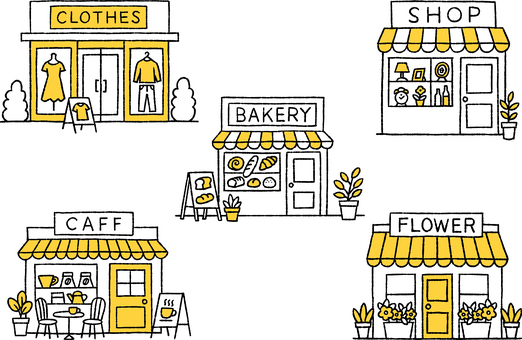 おしゃれな商店街のイラストセット 花屋,雑貨屋,商店街,カフェ,パン屋,街角,店先,鉢植え,椅子,テーブルのイラスト素材