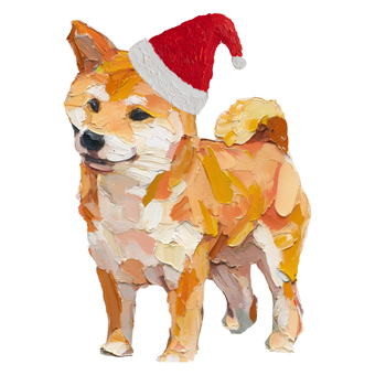 サンタ帽をかぶった柴犬の可愛いイラスト クリスマス,柴犬,サンタ帽子,動物,厚塗り,油絵風,手描き,かわいい,デザイン素材,赤のイラスト素材