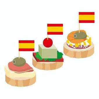 ピンチョス スペイン,外国,社会,ピンチョス,串,旗,具材,パン,オリーブ,チーズのイラスト素材