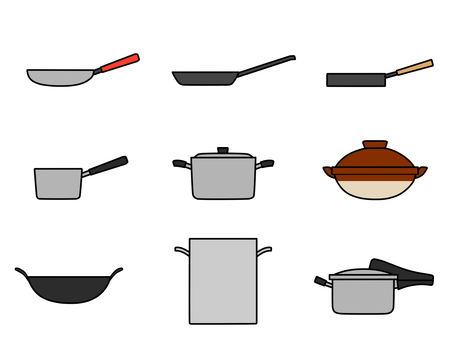 色々な鍋セット フライパン,アルミ,鉄,卵焼き器,片手鍋,両手鍋,土鍋,中華鍋,寸胴鍋,圧力鍋のイラスト素材