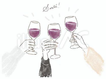 ワインで乾杯 手 3人 グラス 水彩