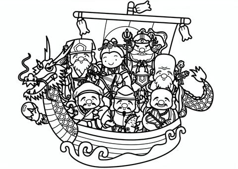 七福神宝船-1c 宝船,七福神,大黒天,恵比寿天,布袋尊,寿老人,福禄寿,弁財天,毘沙門天,神様のイラスト素材