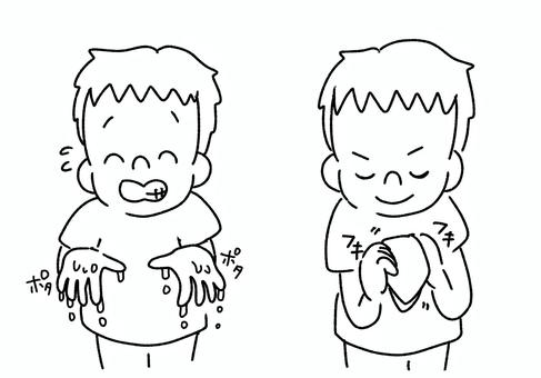 手洗い 白黒,手書き,透過,挿絵,拭かない,ハンカチ,乾かす,ぽたぽた,たれる,ふきふきのイラスト素材