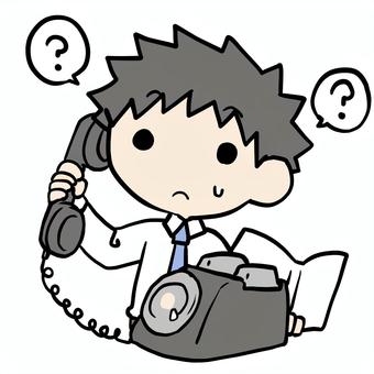 わからず黒電話をかける男性 男性,黒電話,わからない,通話,話,家電,ダイヤル式,疑問,困る,汗のイラスト素材